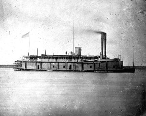 The U.S.S. Signal was a “tinclad” paddlewheel steamer built in 1862. Disabled by Confederate artillery fire on the Red River in Louisiana on May 4, 1864, the ship was burned by its crew to prevent its capture. Photo courtesy U.S. Naval Historical Center