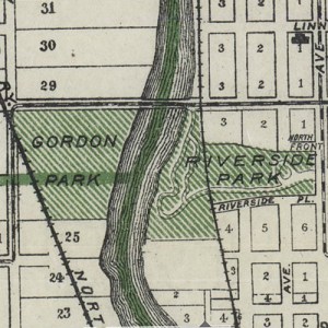 This detail of a 1923 map shows Riverside Park and the ravine drive that once connected Newberry Boulevard with the Milwaukee River. Today, everything to the right of the former railroad right-of-way is now Riverside High School's athletic fields.