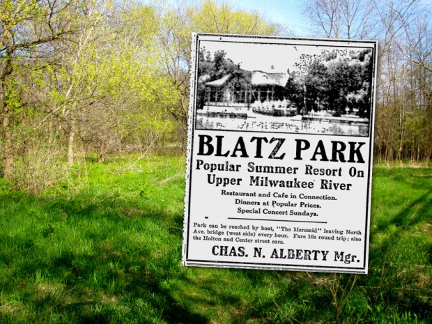 Pleasant Valley Park on the west bank of the Milwaukee River was once one of the city's most popular beer gardens. Owned by the Blatz brewery and visited by thousands, it featured elaborate landscaping, a restuarant, bandshell, pavilion, steamboat dock, and even a few cottages. In 2014, little remains to remind visitors of its glory days a century ago. Photo by Carl Swanson