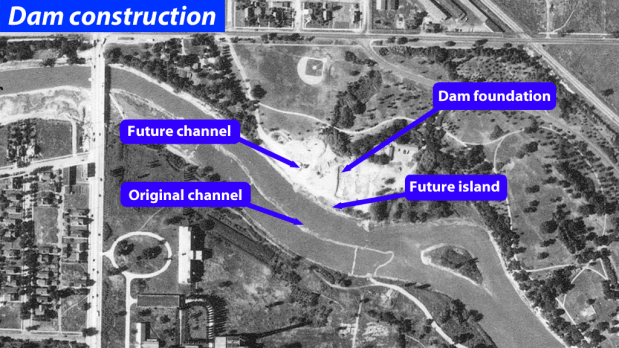 This aerial photo, taken in the late 1930s, shows the Estabrook Park dam in its early construction stage. Clearly visible is the trench workers carved in the bedrock to provide a footing for the gated section of the dam, being built on dry ground. Photo illustrate by Carl Swanson