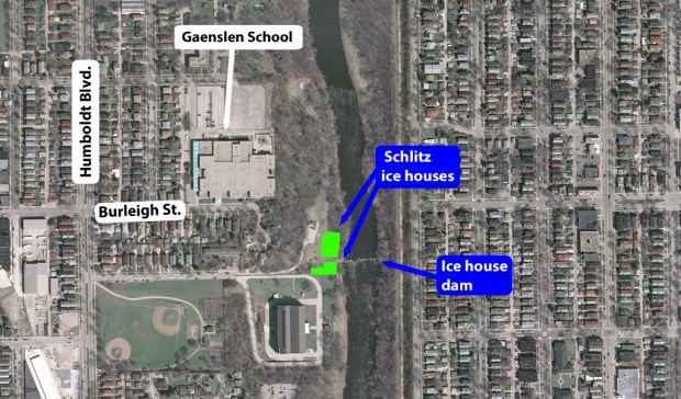 The location of the twin former Schlitz ice houses are overlaid on this modern satellite image. The century-old timber ice house dam is all that remains. Carl Swanson illustration