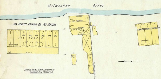 The group of Riverwest icehouses located on the riverbank northeast of the intersection of Humbolt and Chambers include the Schlitz complex, center and left, and a commercial ice dealer to the right. The municipal pumping station, located between the two companies, had not yet been built when this fire insurance diagram was drawn in 1894.