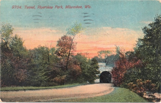 Riverside Park once had a tunnel very much like this, and traces of its western portal remain in a hillside to this day. The postcard refers to a "Riverview Park," a name shared by no Milwaukee park, leaving open the possibility this early 1900s photograph was actually a mis-captioned view of Riverside Park. Carl Swanson collection