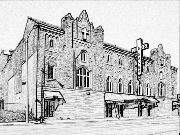 Pen and ink drawing of former Zenith Theater