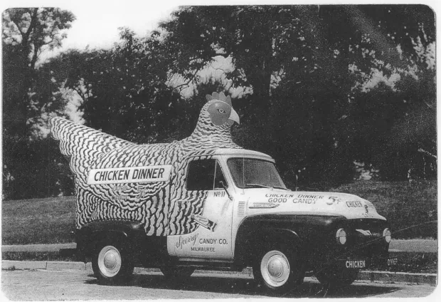 Milwaukees Sperry Candy Co. is remembered for its popular – if oddly named – "Chicken Dinner" candy bars, which it delivered in an equally odd fleet of chicken-shaped trucks. Photo courtesy Milwaukee County Historical Society.