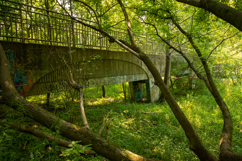 A photograph showing a side view of the concrete box culvert in Pleasant Valley Park, Milwaukee